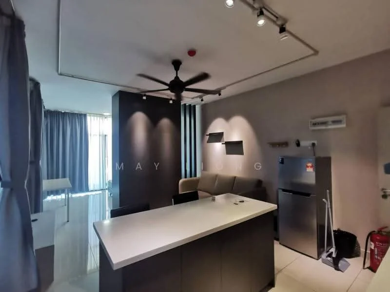 Living features: grey painted walls, white ceiling, 5-blade ceiling fan with light, recessed downlights, sofa in beige, kitchen island with white countertop, stainless-steel fridge, floor-to-ceiling windows with sheer curtains, tile flooring, wall-mounted air conditioning unit, decorative wall panels; style: modern; view: city.