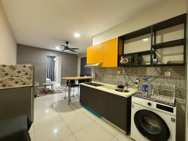 Kitchen features: orange upper cabinets, grey lower cabinets, white countertop, single-bowl stainless-steel sink, chrome pull-down faucet, built-in stove with hood, microwave, refrigerator, washing machine, ceramic tile flooring, recessed downlights, ceiling fan, decorative backsplash with geometric pattern; style: modern. Dining features: wood dining table for two, black dining chairs; style: modern.