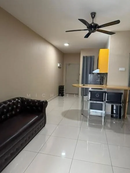 Living features: 3-seater leather sofa in dark brown, ceiling fan, white tiled flooring, cream painted walls, open-plan layout, kitchen island with bar stools, recessed lighting, wall-mounted light switch, doorway leading to other rooms; style: modern. Kitchen features: yellow cabinetry, stainless-steel sink, kitchen island, bar stools, built-in appliances, white countertops; style: modern.