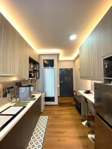 Kitchen features: light wood cabinetry, dark countertop, stainless-steel fridge, built-in oven, ceramic cooktop, single-bowl stainless-steel sink, chrome pull-down faucet, black bar stools, recessed LED downlights, pendant lighting, white tile backsplash, wooden flooring, window with blinds, open shelving, decorative wall art; style: modern.
