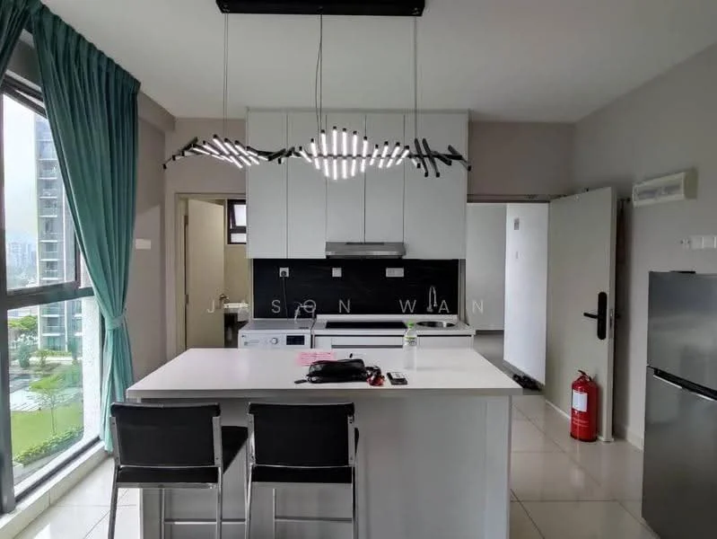 Kitchen features: white cabinetry, black countertop, stainless-steel fridge, built-in oven, ceramic cooktop, single-bowl stainless-steel sink, chrome pull-down faucet, pendant lighting, bar stools, white tiled backsplash, floor-to-ceiling windows, grey walls, sliding door, fire extinguisher; style: modern; view: garden.