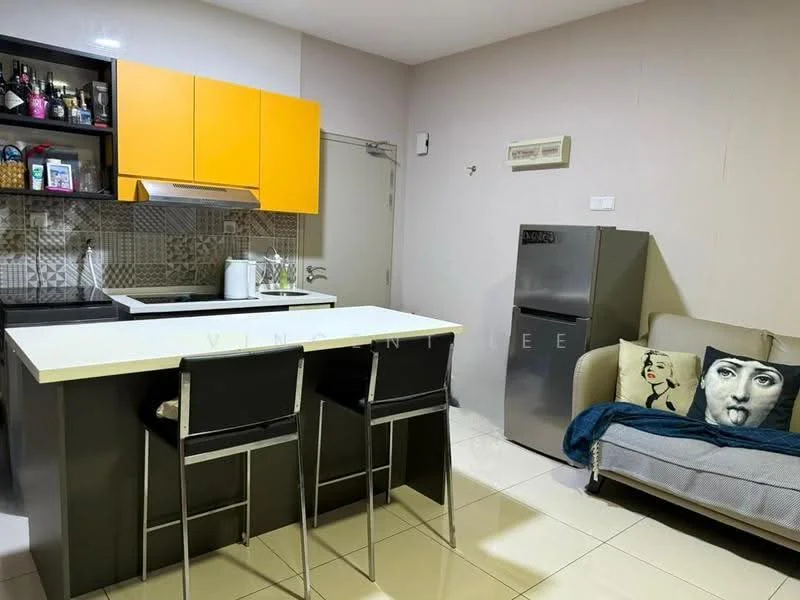 Kitchen features: yellow upper cabinets, black lower cabinets, white countertop, stainless-steel sink, chrome pull-down faucet, built-in stove, tile backsplash with geometric pattern, refrigerator, bar stools, open layout, wall-mounted air conditioning unit, cream painted walls, ceramic tile flooring; style: modern. Living features: sofa with decorative throw, coffee table, wall-mounted decor, cream painted walls, ceramic tile flooring; style: modern.