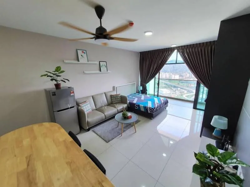 Living features: 3-seater fabric sofa in grey, coffee table, area rug, floor-to-ceiling windows, city view, 5-blade ceiling fan with light, decorative plant in ceramic pot, mounted shelves with framed artwork; style: modern; view: city. Bedroom features: queen-size bed with patterned bedding, bedside lamp, decorative pillows, wall-mounted artwork; style: modern; view: city. Kitchen features: stainless-steel fridge, breakfast bar with wooden countertop, bar stools; style: modern.
