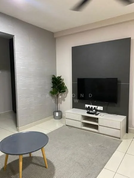 Living features: grey accent wall, white painted walls, floor-to-ceiling TV console, wall-mounted TV, round coffee table with wooden legs, area rug with neutral color, potted plant, recessed downlights, sliding door to adjacent room, ceramic tile flooring; style: modern.
