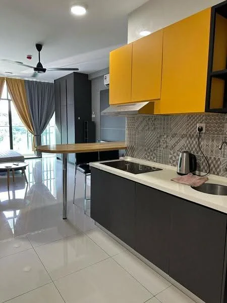 Kitchen features: yellow upper cabinets, grey lower cabinets, white countertop, stainless-steel sink, chrome pull-down faucet, kettle, built-in oven, ceramic tile backsplash with geometric pattern, recessed downlights, floor-to-ceiling windows, sliding glass door, dining table with wooden top, ceiling fan; style: modern; view: garden.