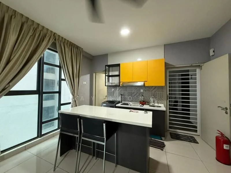 Kitchen features: yellow upper cabinets, black lower cabinets, white countertop, stainless-steel sink, chrome pull-down faucet, built-in stove, built-in oven, refrigerator, sliding glass door, floor-to-ceiling windows, curtains, tile flooring, ceiling fan; style: modern.