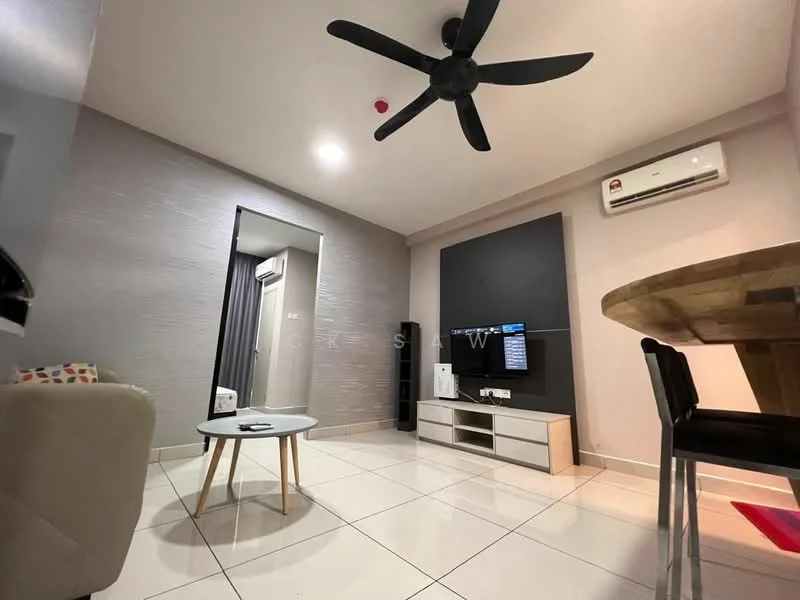 Living features: white painted walls, grey accent wall, polished tile flooring, 5-blade ceiling fan, wall-mounted TV, TV console, round coffee table with wooden legs, sofa in cream color, dining table with black chairs, air conditioning unit; style: modern.