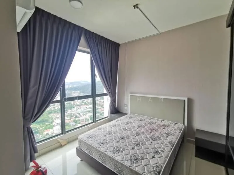 Bedroom features: queen-size bed, floor-to-ceiling windows, grey curtains, light grey painted walls, polished tile flooring, air conditioning unit, nightstand, mountain view; style: modern; view: mountain.