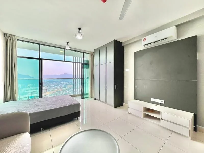 Bedroom features: king-size bed, floor-to-ceiling windows, mountain view, wall-mounted TV, built-in wardrobe, white painted walls, polished tile flooring, ceiling fan with light, curtains, air conditioning unit; style: modern; view: mountain.