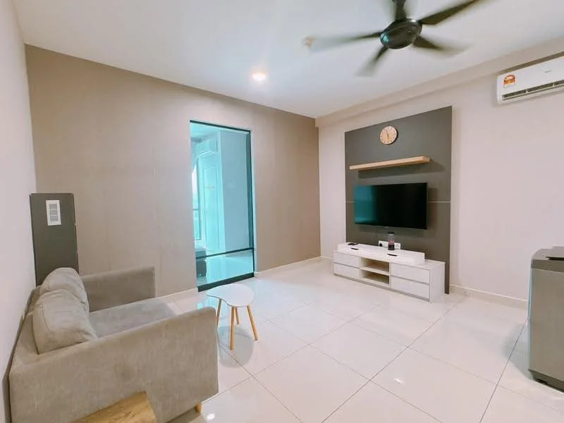 Living features: light grey fabric sofa, small round white coffee table, wall-mounted TV, white TV console, clock on wall, ceiling fan, large glass sliding door, white tiled flooring, neutral painted walls, air conditioning unit; style: modern.