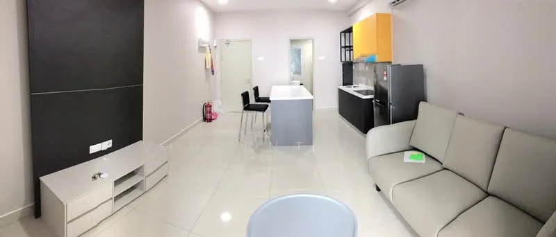 Living features: light grey fabric sofa, white coffee table, TV console, wall-mounted TV, white walls, glossy tile flooring, recessed downlights, air conditioning unit, open-plan layout, decorative wall panel, black dining chairs, kitchen island with seating; style: modern. Kitchen features: stainless-steel fridge, built-in oven, 4-burner gas hob, kitchen cabinets with yellow accents, white countertop, sink, black cabinetry, open shelving; style: modern.