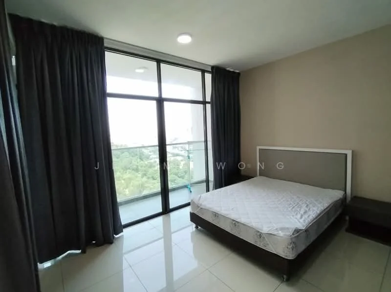 Bedroom features: queen-size bed, floor-to-ceiling windows, grey curtains, white painted walls, glossy tile flooring, nightstand, balcony access, city view; style: modern; view: city.