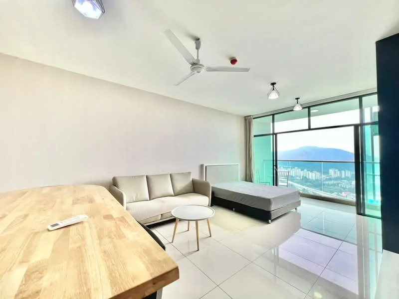 Living features: floor-to-ceiling windows, city view, 3-seater fabric sofa in light grey, round coffee table, ceiling fan, recessed downlights, white painted walls, glossy tile flooring, queen-size bed with no bedding, wooden dining table, 4 dining chairs; style: modern; view: city.