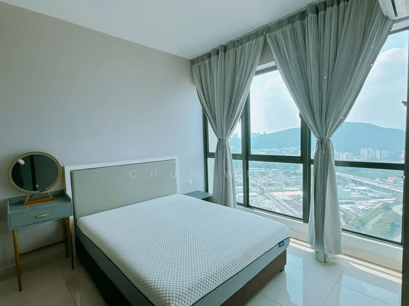 Bedroom features: king-size bed, grey upholstered headboard, floor-to-ceiling windows, sheer curtains, mountain view, white painted walls, glossy tile flooring, nightstand with round mirror; style: modern; view: mountain.