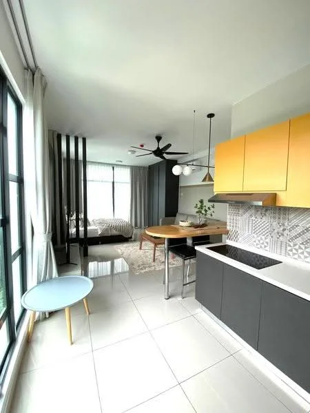 Kitchen features: black cabinetry, orange upper cabinets, white countertop, stainless-steel sink, chrome pull-down faucet, built-in stove, tile backsplash with geometric pattern, recessed downlights, pendant light, bar stools, open shelving, floor-to-ceiling windows, white walls, ceramic tile flooring; style: modern; view: city. Living features: 3-seater fabric sofa, round dining table, wooden dining chairs, area rug, ceiling fan, curtains, decorative plants, grey walls, large windows; style: modern; view: city. Bedroom features: queen-size bed, upholstered headboard, bedding, bedside table, table lamp, floor-to-ceiling windows, curtains, carpet flooring; style: modern; view: city.
