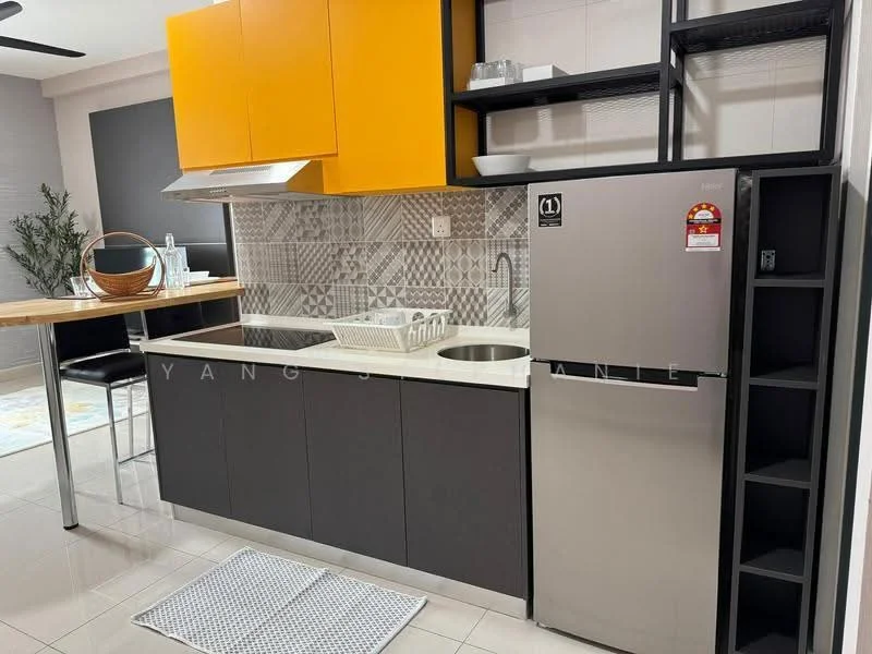 Kitchen features: orange upper cabinets, black lower cabinets, stainless-steel sink, chrome pull-down faucet, grey patterned backsplash, built-in oven, stainless-steel fridge, open shelving, countertop with breakfast bar, tile flooring, recessed downlights, wall-mounted kitchen hood; style: modern.