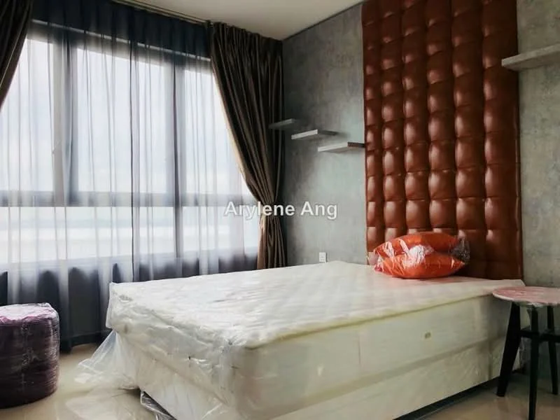 Bedroom features: queen-size bed, upholstered headboard with tufted design, floor-to-ceiling windows, sheer curtains, dark grey curtains, decorative wall with grey texture, shelves on wall, light-colored flooring, decorative pillow, plastic covering on mattress; style: modern; view: city.