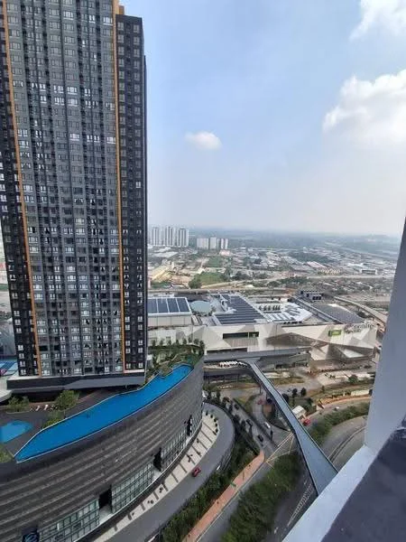 Exterior type: high-rise condominium; features: glass curtain wall, balconies, landscaped rooftop terrace, surrounding urban landscape, parking area, adjacent commercial buildings, city skyline in background; style: modern.