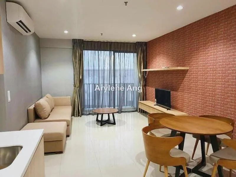 Living features: 3-seater fabric sofa in beige, wooden coffee table, wall-mounted TV, floating wooden shelf, floor-to-ceiling windows, sheer curtains, brick accent wall in red, recessed downlights, cream painted walls, tile flooring; style: modern.