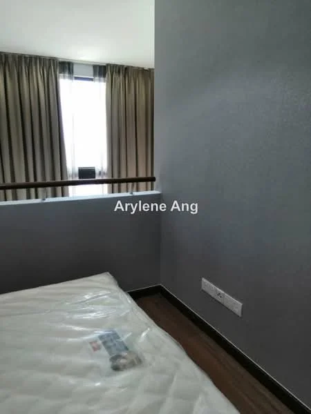 Room features: grey painted walls, floor-to-ceiling windows, curtains in beige and brown, dark wood flooring, unmade bed with mattress, railings, light from window.