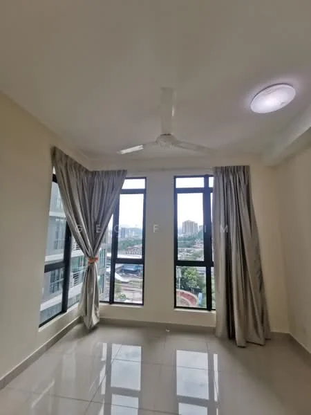 Room features: floor-to-ceiling windows, grey curtains, white painted walls, polished tile flooring, ceiling fan, recessed ceiling light, city view; style: modern; view: city.