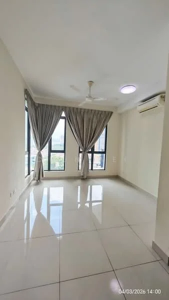 Living features: white painted walls, glossy ceramic tile flooring, 5-blade ceiling fan with light, floor-to-ceiling windows, sheer curtains, air conditioning unit, natural light, city view; style: modern; view: city.