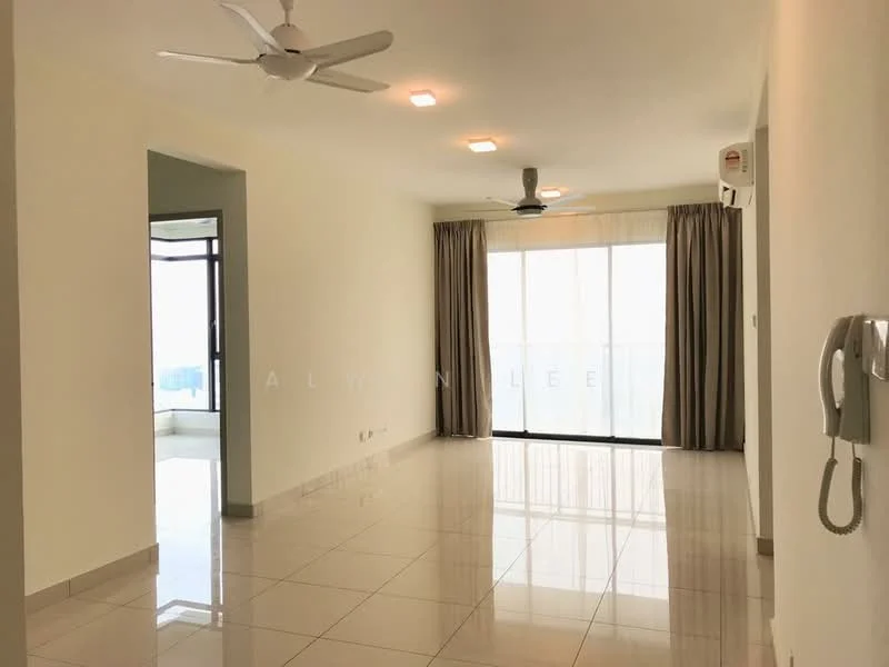 Living features: white painted walls, glossy ceramic tile flooring, 5-blade ceiling fan with light, recessed LED downlights, floor-to-ceiling windows, sheer curtains, sliding glass door, air conditioning unit, telephone intercom, neutral color scheme, curtains, open layout; style: modern; view: city.