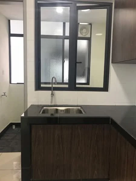 Kitchen features: single-bowl stainless-steel sink, chrome pull-down faucet, black countertop, dark wood cabinetry, white tiled walls, floor-to-ceiling window, grey flooring, air conditioning unit; style: modern.