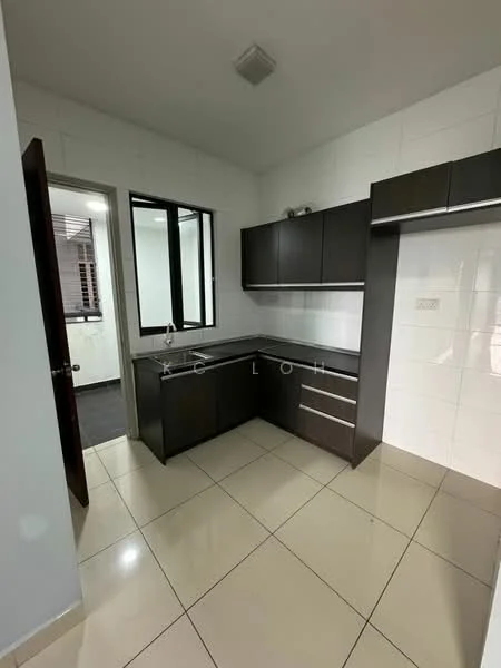 Kitchen features: L-shaped kitchen layout, dark wood cabinetry, white tiled backsplash, grey countertop, single-bowl stainless-steel sink, chrome faucet, built-in kitchen shelf, ceramic tile flooring, recessed ceiling lights, window with black frame, door leading to another room; style: modern.