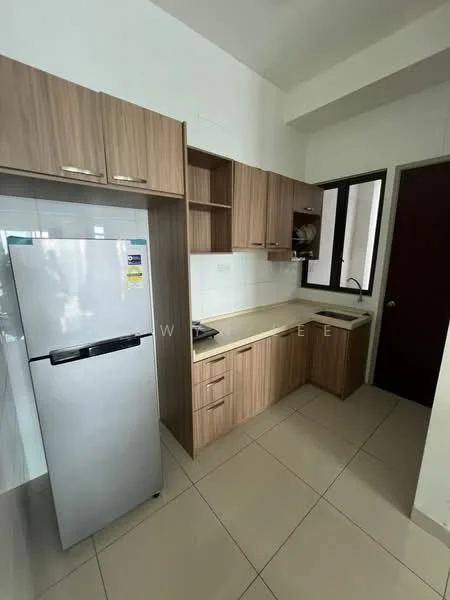Kitchen features: light brown wooden cabinetry, white countertop, stainless-steel fridge, built-in stove, single-bowl stainless-steel sink, wall-mounted cabinets, tile backsplash, cream tiled flooring, window with black frame, door with red frame; style: modern.