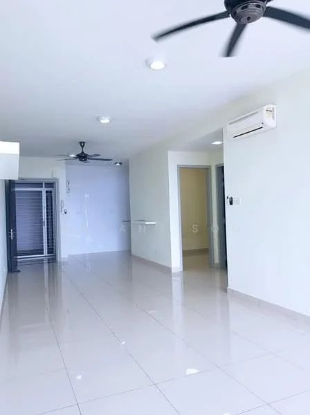 Living features: white painted walls, glossy ceramic tile flooring, 2 ceiling fans, recessed downlights, air conditioning unit, sliding glass door, open layout, natural light from windows; style: modern.