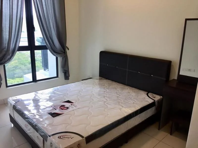 Bedroom features: queen-size bed, upholstered headboard, nightstand, floor-to-ceiling window, grey curtains, white painted walls, tile flooring, mirror on nightstand; style: modern; view: garden.