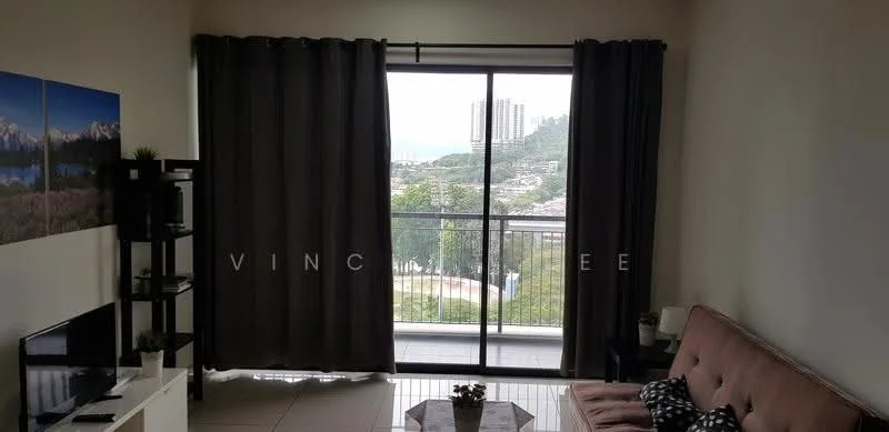 Living features: floor-to-ceiling windows, grey curtains, light-coloured walls, tile flooring, sofa in beige, coffee table, TV console, decorative plant, wall-mounted artwork; style: modern; view: city.