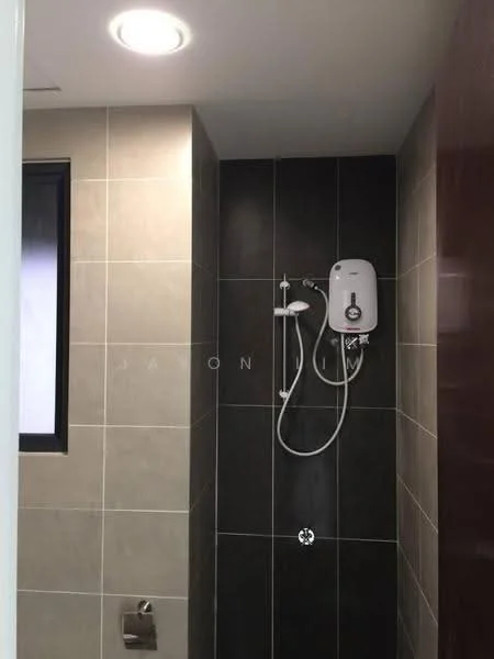 Bathroom features: walk-in shower with glass enclosure, rain shower head, handheld shower, chrome basin mixer, tile cladding in beige, tile cladding in dark grey, toilet paper holder, window for natural light, recessed downlights; style: modern.