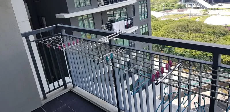 Balcony features: metal railing, grey tiled flooring, clothes drying rack, view of greenery, adjacent to building facade, outdoor space; style: modern; view: garden.