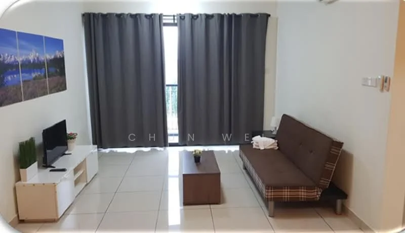 Living features: grey curtains, floor-to-ceiling windows, brown fabric sofa bed, wooden coffee table, white TV console, wall-mounted TV, decorative plant in pot, ceramic tile flooring, neutral wall color, artwork on wall; style: modern.