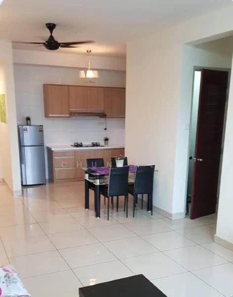 Kitchen features: white painted walls, cream tiled flooring, 5-blade ceiling fan, kitchen cabinets in light wood, stainless-steel fridge, built-in gas stove with two burners, kitchen countertop, dining table with four black chairs, pendant light above dining area; style: modern. Dining features: dining table with four black chairs; style: modern.