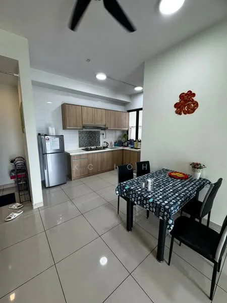 Kitchen features: light wood cabinetry, white tiled backsplash, stainless-steel fridge, built-in oven, 4-burner gas hob, single-bowl stainless-steel sink, chrome pull-down faucet, ceramic tile flooring, recessed downlights, dining table with black tablecloth, 4 black dining chairs, window with natural light; style: modern.