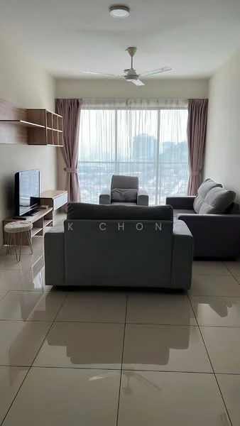 Living features: floor-to-ceiling windows, grey fabric sofa, 2-seater grey sofa, wooden TV console, wall-mounted TV, ceiling fan with light, light-coloured walls, glossy tile flooring, curtains in light fabric, decorative shelving unit, coffee table, city view; style: modern; view: city.