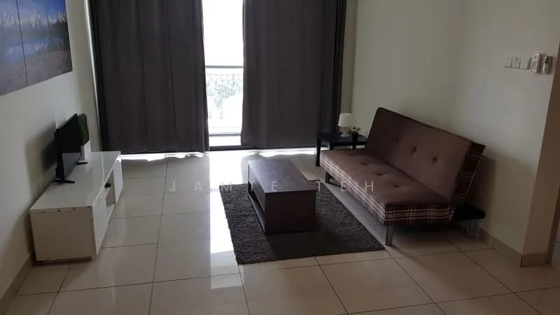 Living features: brown fabric sofa, wood coffee table, white TV console, wall-mounted TV, area rug, floor-to-ceiling windows, grey curtains, ceramic tile flooring, neutral painted walls; style: modern.