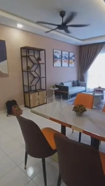 Living features: 5-blade ceiling fan with light, sofa in grey, coffee table, TV console, wall-mounted artwork, curtains, tile flooring, decorative plant, area rug, dining table with orange chairs; style: modern.
