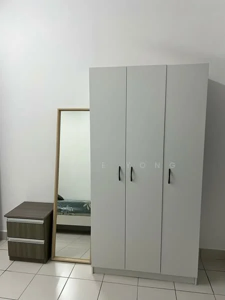 Room features: grey wardrobe with three doors, full-length mirror, wooden bedside table with drawer, white tiled flooring; style: modern.