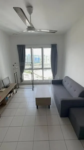 Living features: grey fabric sofa, coffee table, floor-to-ceiling windows, curtains, ceiling fan, white painted walls, tile flooring, TV console, clothes drying rack; style: modern; view: city.