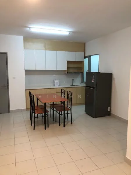 Kitchen features: white upper cabinets, wood lower cabinets, ceramic tile flooring, single-bowl stainless-steel sink, chrome pull-down faucet, built-in microwave, stainless-steel fridge, 4-burner gas hob, white tiled backsplash, dining table with four chairs, open layout, fluorescent ceiling light; style: modern.