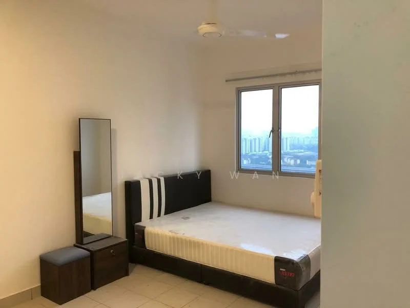 Bedroom features: queen-size bed, upholstered headboard, floor-to-ceiling window, white painted walls, ceiling fan, mirror, nightstand, tile flooring; style: modern; view: city.