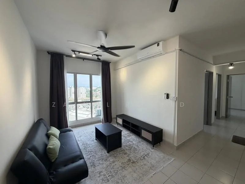 Living features: 3-seater fabric sofa in black, coffee table, area rug with geometric pattern, floor-to-ceiling windows, blackout curtains, 5-blade ceiling fan with light, wall-mounted air conditioning unit, white painted walls, tile flooring; style: modern; view: city.
