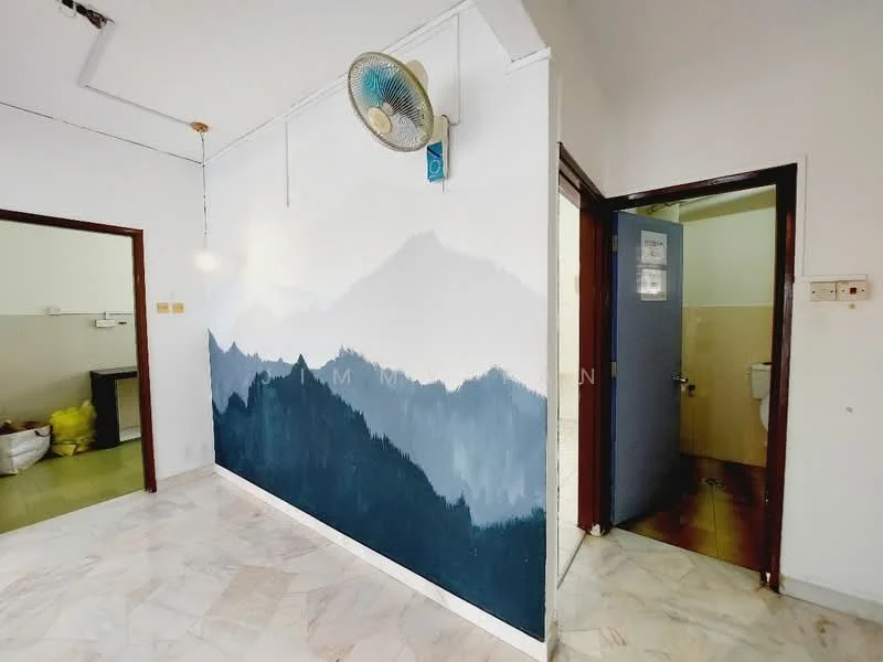 Room features: white painted walls, accent wall with mountain mural, marble flooring, ceiling fan, doorway leading to bathroom, doorway leading to kitchen area; style: modern.