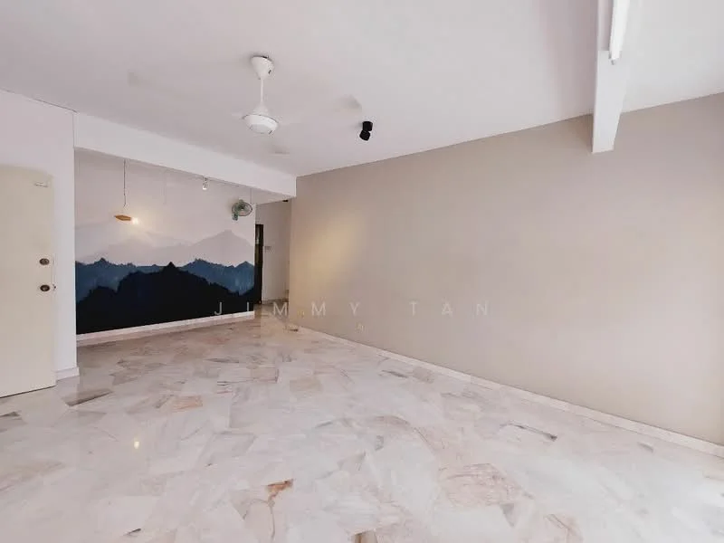 Living features: marble flooring, white painted walls, ceiling fan, recessed lighting, accent wall with mountain mural, open layout, large space, no visible furniture; style: modern.