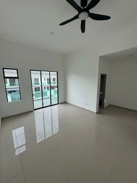 Living features: white painted walls, glossy tile flooring, 5-blade ceiling fan in black, floor-to-ceiling windows, sliding glass door, natural light from windows, high ceiling, open layout; style: modern; view: garden.