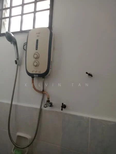 Bathroom features: water heater, shower head, wall-mounted faucet, white tiled walls, grey tiled flooring.